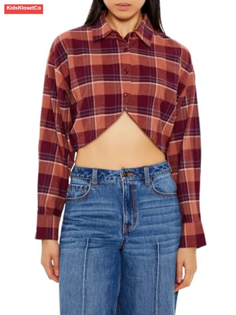 Women's Plaid Flannel Crop Top Button Front Long Sleeve Cotton